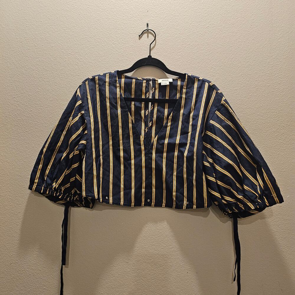NWOT Jason Wu Striped V-neck Balloon-Sleeve Peplum Top  Size Small